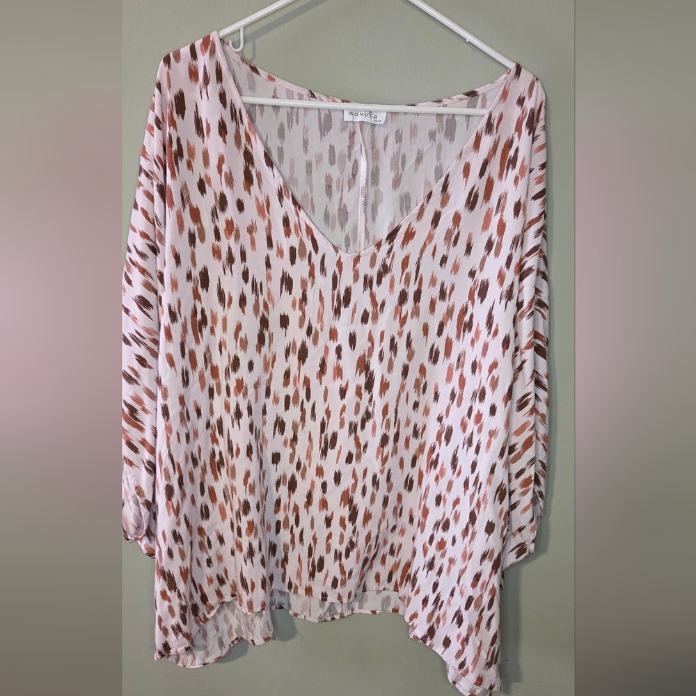 Emily Wonder 2X 3X Animal Print Blouse Pink Brown Flowy Plus Size Top